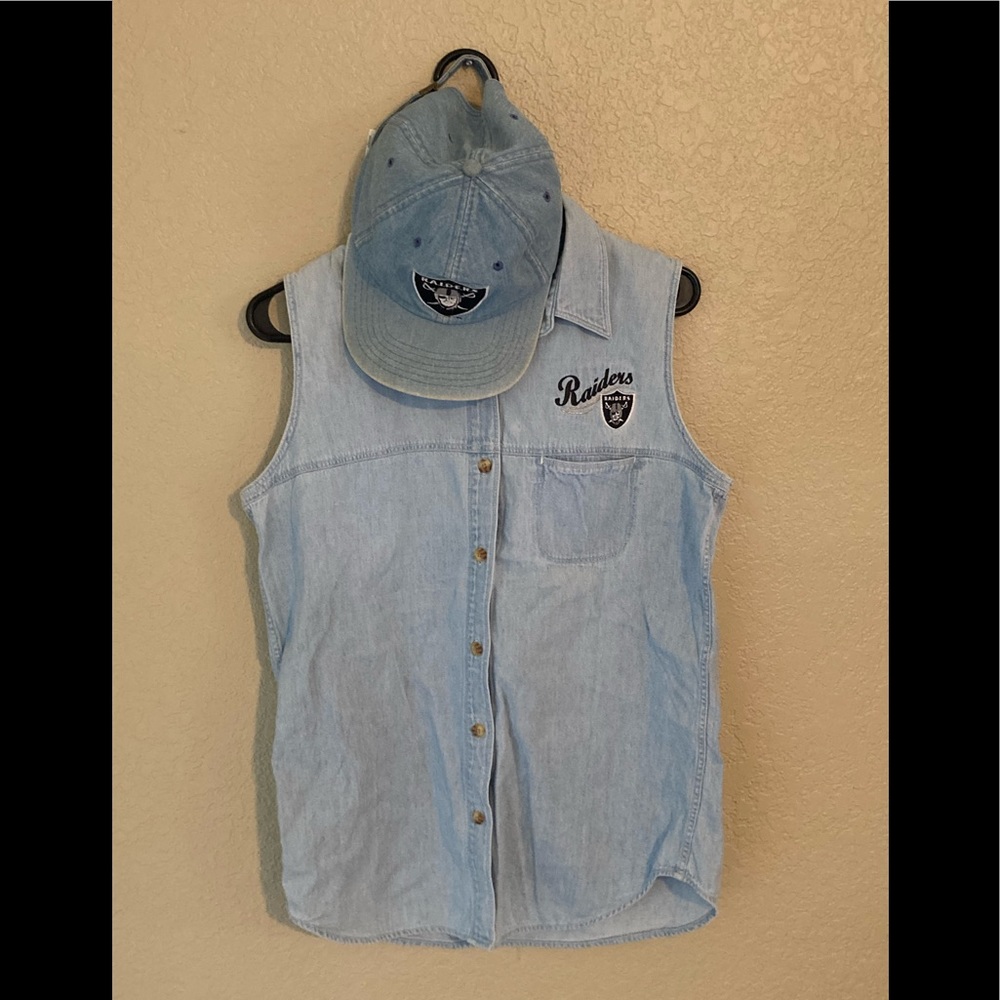 Vintage Oakland Raiders Womens Denim Hat & sleeves shirt M